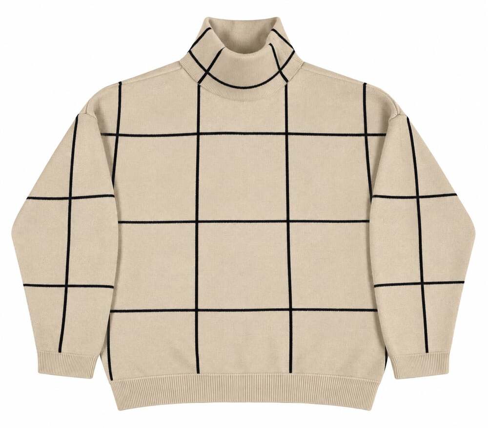Emmer Grid Turtleneck Sweater Size M Cream Black Knit Sweater